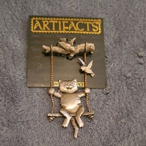Artifacts Vintage JJ Jonette Signed Silvertone Cat On A Swing With Birds Brooch